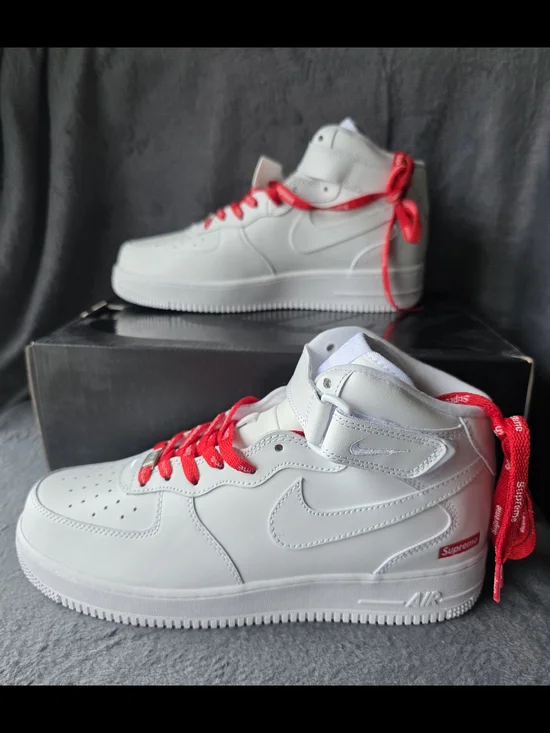 Nike White Air Force 1 High with Red Supreme Laces - Picture 10 of 16